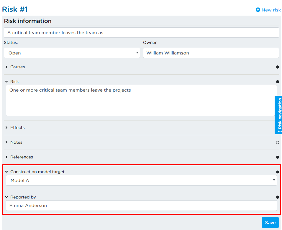 Risk page with Custom Fields.