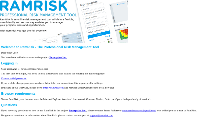 Welcome email from RamRisk