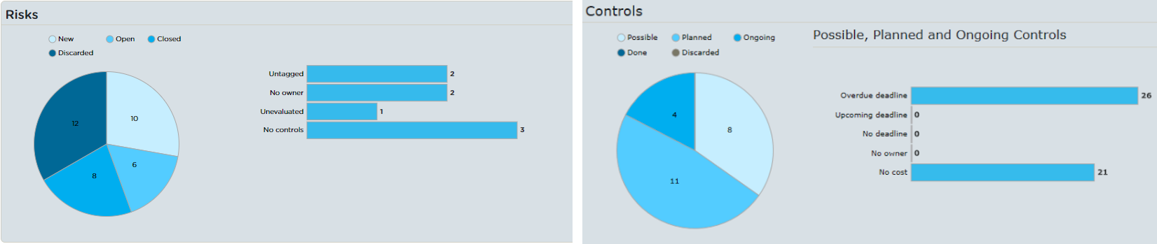 Pie and bar charts present the status and features of risks, controls and actions.