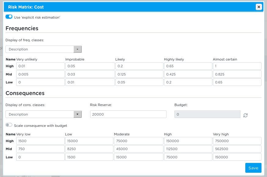 Edit consequence and frequency classes for a risk target without"Scale with budget”.