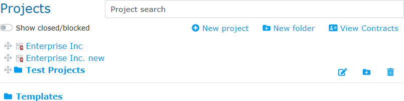 Project list and folder structure.