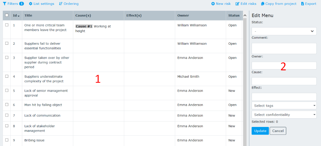 "Edit risks" interface.