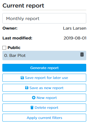 The settings chosen for a specific report saved as a template. Selecting “Public” will make the report available to the other users added to the project.