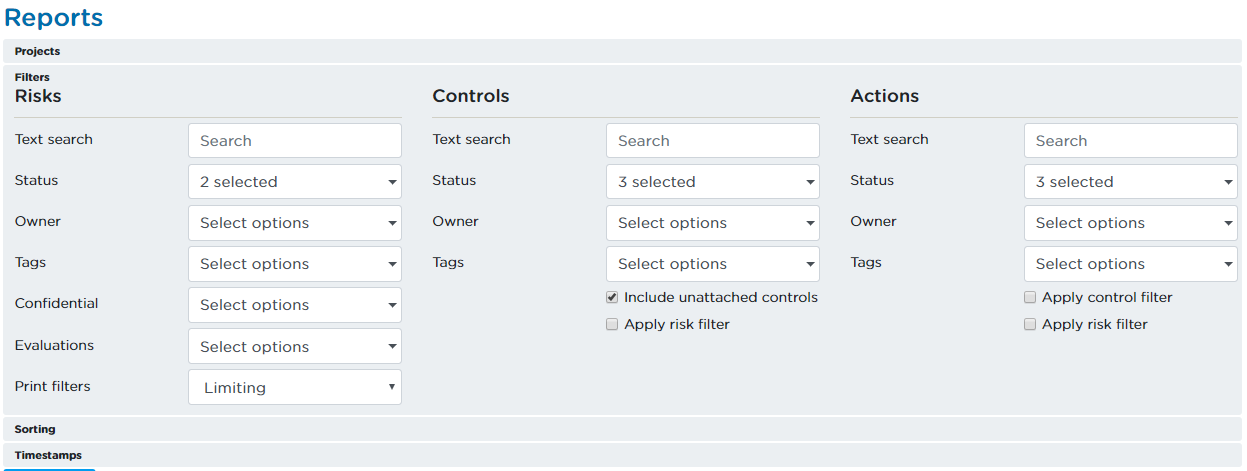 The Filters-container with three separate filters for Risks, Controls and Actions.