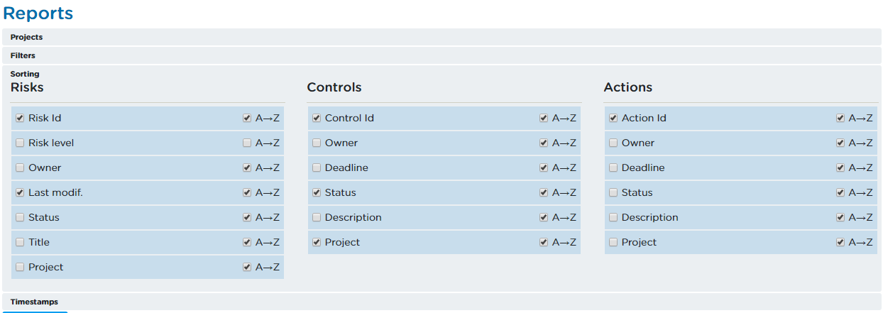 The Sorting-container with options for sorting Risks, Controls and Actions.