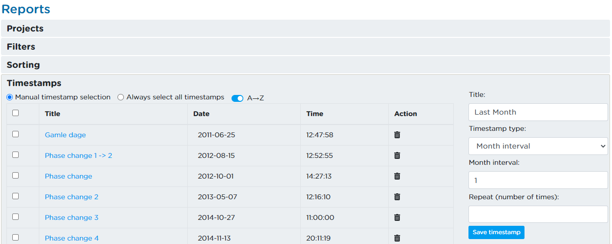 Relative timestamp options become available when the timestamp type is changed to one of the relative types.