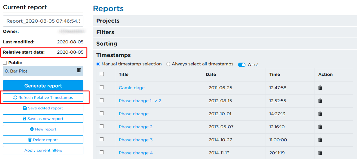 Relative timestamp options are made available under the Current Report overview