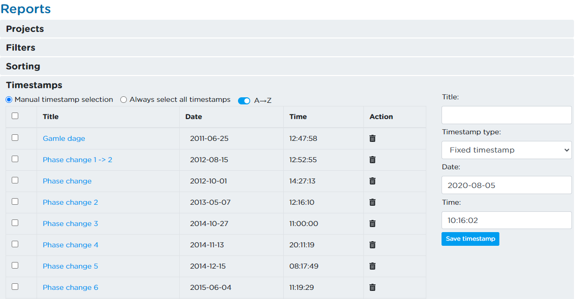 The Timestamps-container with a list of created timestamps as well as the option to create new timestamps.