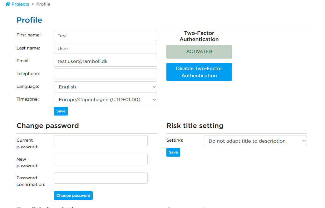 Personal information and change of password.